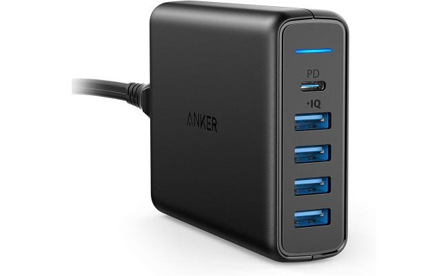 Anker PowerPort 60W 5-Port Desktop Charger, with One 30W Power Delivery Port for Apple MacBook, Nexus 5X/6P, and 4 PowerIQ Ports for iPhone, iPad, and More. - Black